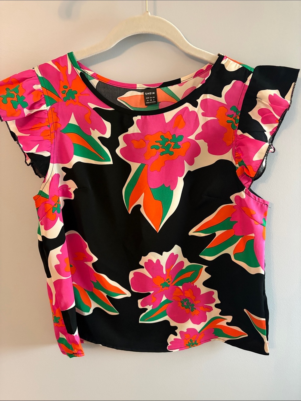 SHEIN Black Floral Flutter Sleeve Blouse in Pink, Green & Orange